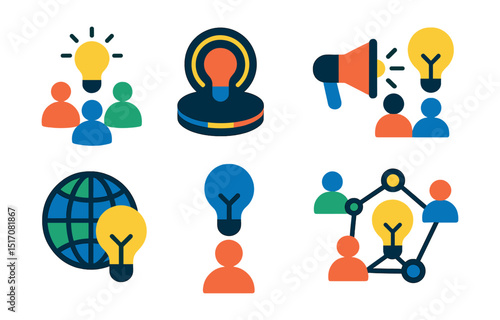 Flat vector icons of open innovation and crowd ideation: crowdsourced idea icon, open platform badge, public innovation contest, ideation pool, global input icon, contributor lightbulb,
