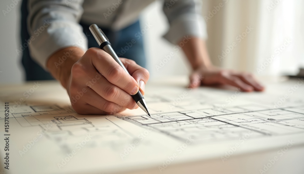 Close-up architect hand sketching architectural blueprints with pen. Drafter working on house plan, drawing building design, construction project. Architect at desk, planning new building concept. Close-up architect hand sketching architectural blueprints with pen. Drafter working on house plan, drawing building design, construction project. Architect at desk, planning new building concept.