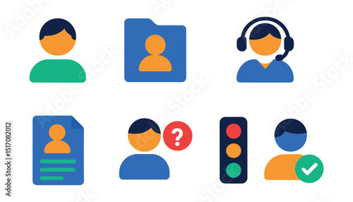 Flat vector icons of customer profiles and agents: customer avatar, client file icon, service agent headset, support team icon, client details page, user inquiry icon, agent status light, account