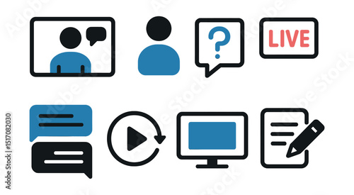Two-Color vector icons of webinar: speaker frame, attendee icon, live status, question pop-up. Chat window, replay button, shared screen, note-taking.
