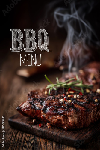 Delicious barbecue menu featuring grilled steaks, herbs, and smoke on a rustic wooden table