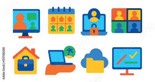 Flat vector icons of remote and hybrid career tools: video call screen, hybrid schedule planner, remote login icon, virtual team meeting, home office badge, work from anywhere symbol, cloud file