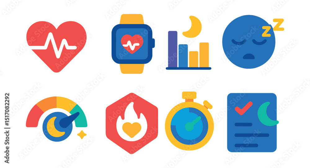 Flat vector icons of heart rate and sleep tracking: heart rate pulse icon, resting HR monitor, sleep stages graph, deep sleep icon, sleep quality meter, heart zone badge, recovery time icon, sleep Flat vector icons of heart rate and sleep tracking: heart rate pulse icon, resting HR monitor, sleep stages graph, deep sleep icon, sleep quality meter, heart zone badge, recovery time icon, sleep