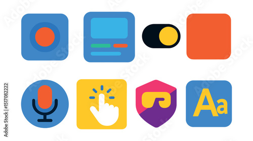 Flat vector icons of modern UI/UX trends: neumorphism icon, glassmorphism interface, dark mode toggle, minimalist UI, voice UI mic, gesture interaction icon, immersive design badge, adaptive