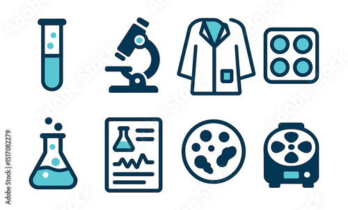 Two-Color vector icons of lab: test tube, microscope, lab coat, sample tray. Chemical reaction, analysis report, petri dish, centrifuge icon.