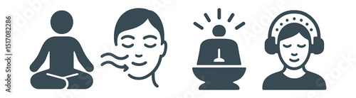 Two-Color vector icons of meditation: sitting pose, calm breath icon, timer bell, guided session. Breathing wave, eyes closed, calm light, mindfulness icon.