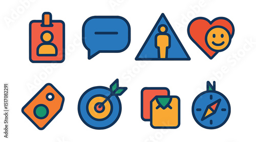 Flat vector icons of brand identity and personality: identity badge icon, tone of voice bubble, brand archetype, emotional branding icon, personality tag, brand positioning target, style alignment,