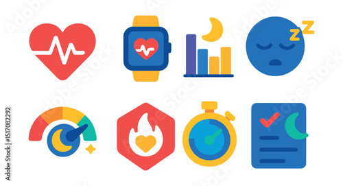 Flat vector icons of heart rate and sleep tracking: heart rate pulse icon, resting HR monitor, sleep stages graph, deep sleep icon, sleep quality meter, heart zone badge, recovery time icon, sleep