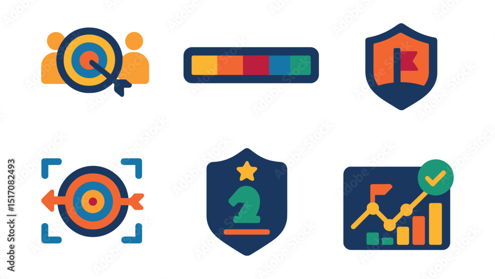 Flat vector icons of alignment and goal tracking: shared goal icon, progress bar, project alignment chart, OKR icon, mutual focus icon, strategy alignment badge, roadmap with milestones, visual Flat vector icons of alignment and goal tracking: shared goal icon, progress bar, project alignment chart, OKR icon, mutual focus icon, strategy alignment badge, roadmap with milestones, visual