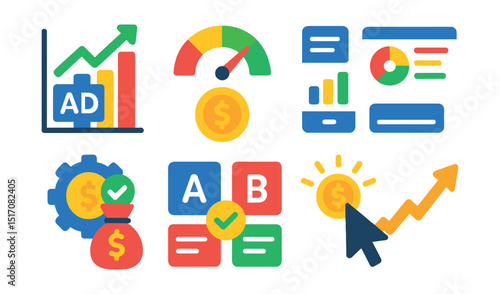 Flat vector icons of ad analytics and performance: impressions chart, ROI gauge, campaign performance report, metric dashboard, budget efficiency icon, A/B test result, cost-per-click icon,