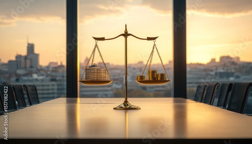 Golden scales of justice, balancing a building and money, in a conference room setting with a city view