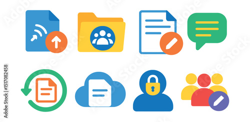 Flat vector icons of collaboration and file sharing: file share icon, shared folder, document edit badge, comment bubble icon, version history symbol, cloud file access, permission icon, group edit