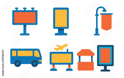 Flat vector icons of outdoor advertising: roadside billboard, digital signage, transit ad on bus, urban banner placement, airport display, event sponsorship booth, mall advertisement, street poster.