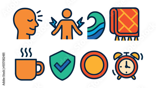 Flat vector icons of relaxation and stress relief: stress relief icon, tension release symbol, relaxation wave, cozy blanket icon, warm drink with steam, anti-anxiety badge, comfort zone circle,