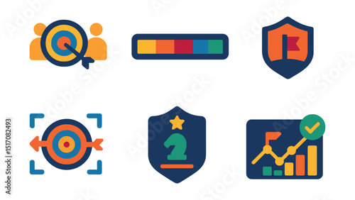 Flat vector icons of alignment and goal tracking: shared goal icon, progress bar, project alignment chart, OKR icon, mutual focus icon, strategy alignment badge, roadmap with milestones, visual