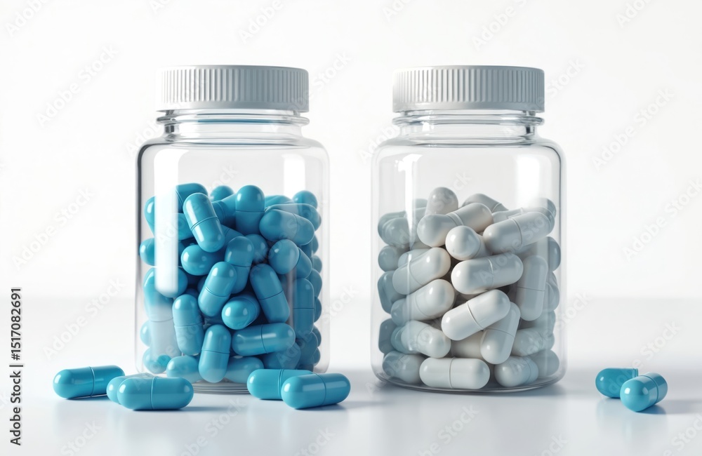 Illustration of two pill bottles filled with blue, white capsules. Medicine concept, pharmacy, health, vitamins, dietary supplements, medical treatment, healthcare, wellness. Capsules on white Illustration of two pill bottles filled with blue, white capsules. Medicine concept, pharmacy, health, vitamins, dietary supplements, medical treatment, healthcare, wellness. Capsules on white