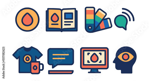 Flat vector icons of business branding: brand logo, brandbook, color palette, tone of voice, branded merchandise, slogan icon, visual identity, brand recognition.