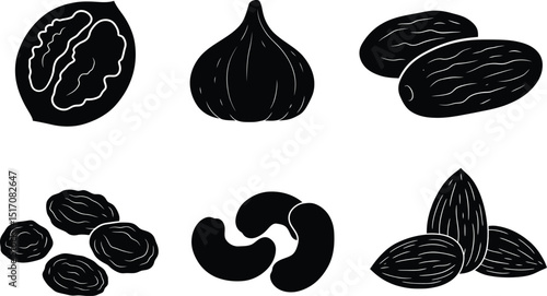 Modern Silhouette Dried Fruits & Nuts Icon Set in vector illustration