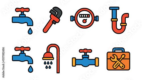 Flat vector icons of plumbing and water systems: faucet icon, pipe wrench, water meter, sink drain, leaking tap, shower head, valve control, plumber toolkit.
