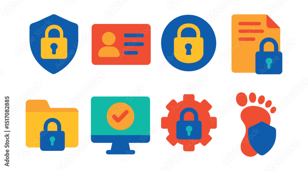 Fototapeta premium Flat vector icons of legal privacy and data protection: shield with lock, personal data icon, legal privacy badge, GDPR document, secure file icon, online consent, privacy settings, digital footprint