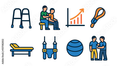 Flat vector icons of rehabilitation care: walker, rehab session, recovery graph, stretching strap, physical therapy bed, support harness, balance ball, trainer support.