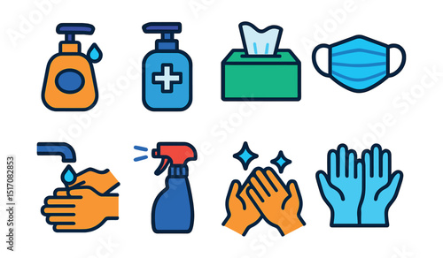 Flat vector icons of hygiene essentials: hand soap, sanitizer bottle, tissue box, face mask, handwashing steps, hygiene spray, clean hands icon, gloves icon.