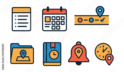 Flat vector icons of travel itinerary: itinerary sheet, calendar with notes, trip timeline, location checklist, travel folder, agenda icon, trip reminder, clock and place.