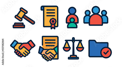 Flat vector icons of arbitration and settlements: arbitrator gavel, sealed agreement, resolution document, third party icon, arbitration contract, legal balance icon, case closed symbol, agreement