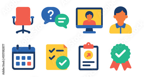 Flat vector icons of interview and hiring process: interview chair, question-answer bubbles, video interview screen, recruiter avatar, calendar schedule, hiring checklist, offer letter icon, accepted