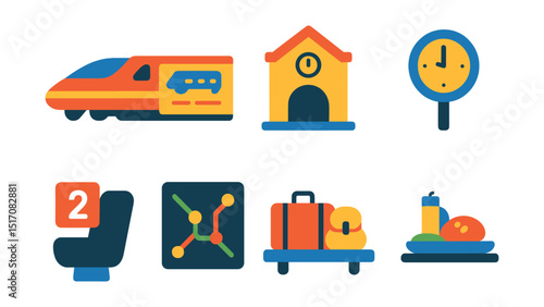 Flat vector icons of train travel: high-speed train, railway ticket, train station, platform clock, seat number, train route map, luggage rack, onboard meal.