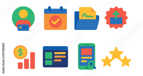 Flat vector icons of freelance and gig careers: freelance profile icon, gig calendar, contract work folder, task delivery badge, payment milestone icon, freelance job board, gig marketplace screen,