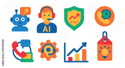 Flat vector icons of service trends and innovation: chatbot trend icon, AI support assistant, predictive support badge, real-time support trend, omnichannel service symbol, support automation gear,