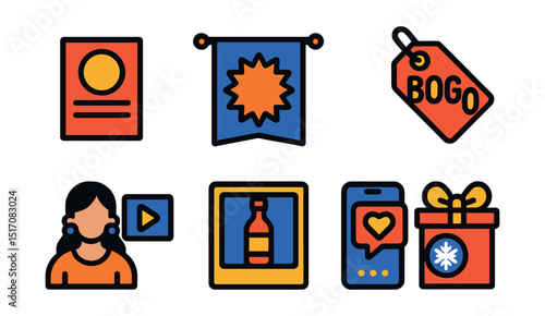 Flat vector icons of retail promotions: promotional flyer, banner ad, in-store promo, BOGO tag, influencer promo icon, featured product, social media promo, holiday offer.