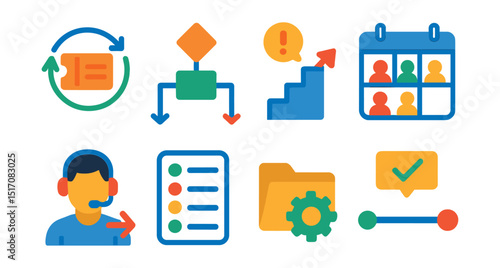 Flat vector icons of customer service workflows: ticket lifecycle icon, support flow chart, escalation process, team shift calendar, agent routing system, issue category icon, service pipeline,