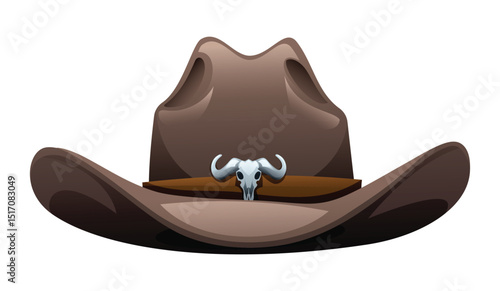 Cowboy hat with bull skull ornament, symbol of rugged western life. Vector cartoon illustration