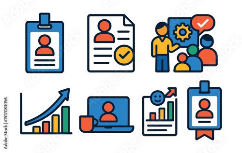 Flat vector icons of internships and early career: intern ID badge, internship application form, skill-building workshop, mentorship under supervision icon, learning curve symbol, intern laptop setup
