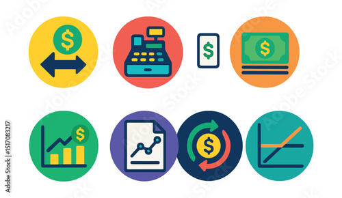 Flat vector icons of business cash flow (in circles): inflow arrow, outflow arrow, cash register, cash summary icon, liquidity chart, forecast file, profit flow, breakeven line.