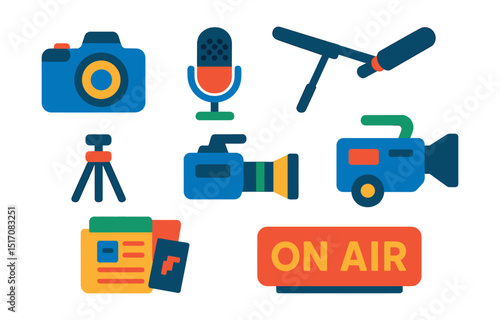 Flat vector icons of media equipment: DSLR camera, microphone, boom mic, tripod icon, broadcast camera, pocket recorder, press kit, on-air light.