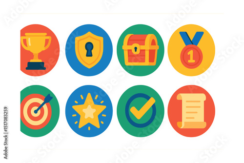 Flat vector icons of achievements and rewards (in circles): achievement trophy, unlock badge, daily reward chest, milestone badge, goal icon, perfect score star, challenge complete, achievement