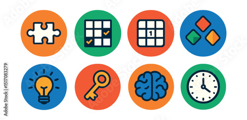 Flat vector icons of puzzle games (in circles): puzzle piece, logic grid, number block, match 3 gem, hint lightbulb, solution key, brain icon, time limit clock.