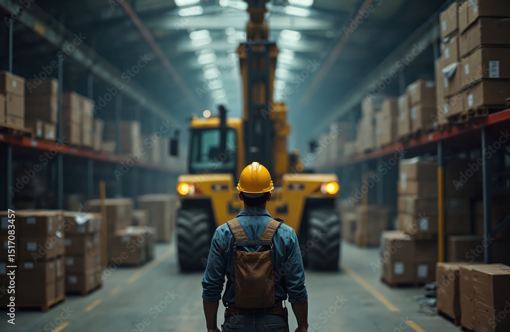 Worker in yellow hard hat operates crane to move heavy load in industrial warehouse. Man looking at forklift machine. Forklift operator at workplace. Logistics, transportation. Industrial Worker in yellow hard hat operates crane to move heavy load in industrial warehouse. Man looking at forklift machine. Forklift operator at workplace. Logistics, transportation. Industrial