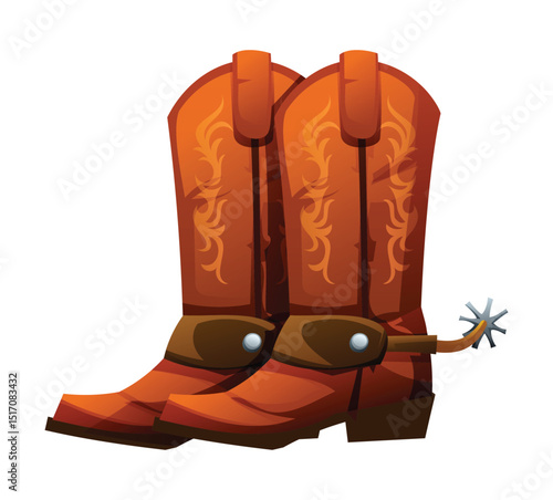 Cowboy boots with spurs, detailed design for horse riding and rodeo style. Vector cartoon illustration