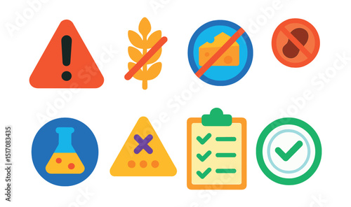 Flat vector icons of food allergies and dietary restrictions: allergen warning icon, gluten-free symbol, lactose-free badge, nut-free zone, ingredient alert icon, cross-contamination warning, food