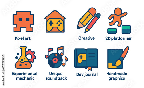 Flat vector icons of indie games: pixel art icon, small studio logo, creative concept, 2D platformer, experimental mechanic, unique soundtrack, dev journal, handmade graphics.