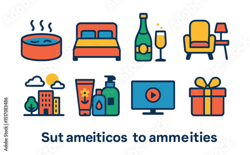 Flat vector icons of suite amenities: jacuzzi, king-size bed, champagne, lounge area, city view, premium toiletries, smart TV, welcome gift.