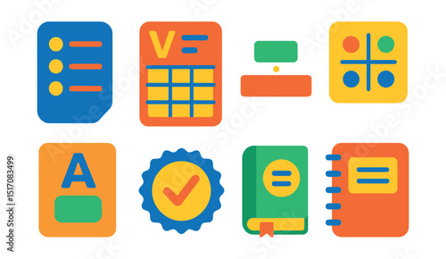Flat vector icons of vocabulary and grammar tools: word list icon, verb conjugation chart, sentence structure symbol, preposition grid, adjective match card, grammar correction badge, synonym