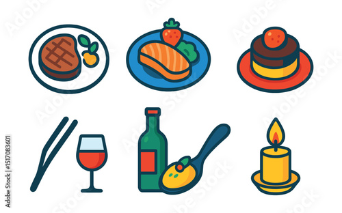 Flat vector icons of gourmet dishes: steak plate, salmon fillet, fine dessert, foie gras, plating tweezers, wine pairing, gourmet spoon, restaurant candle.