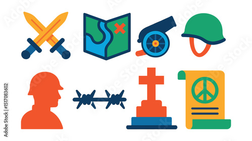 Flat vector icons of wars and conflicts: crossed swords, battlefield map, cannon, military helmet, soldier silhouette, barbed wire, war memorial, peace treaty scroll.