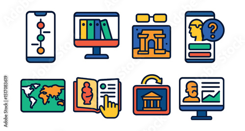 Flat vector icons of history apps and digital tools: mobile timeline app, digital archive, AR ruins viewer, history quiz app, map of empires, interactive textbook, virtual tour, historian dashboard.