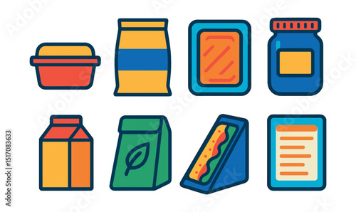 Flat vector icons of food packaging: food container, sealed bag, vacuum pack, glass jar, carton box, eco-friendly packaging, wrapped sandwich, nutrition label.